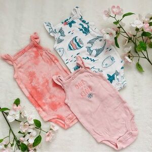 ☀️ Cute Summer Baby Girl Bodysuit Trio: Pink, Tie dye & White Fish Print, 6M